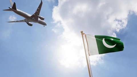 Flag of Pakistan Waving with Airplane arriving or departing, Realistic Animation