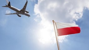 Flag of Poland Waving with Airplane arriving or departing, Realistic Animation