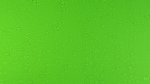 Drops trickling down on green background. Rain Drops Stock Footage in 4K. Droplets of water on green glass background. Rain Drops Falling down on green background. Close up drops on glass or bottle.