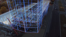 Aerial Drone Footage with VFX Concept: Building Construction Site Becomes Finished Project with 3D Graphics Animation Effects. Visualization, Digitalization of Design, Development of Futuristic City - Powered by Shutterstock - Get 15% off with code: PIKWIZARD15