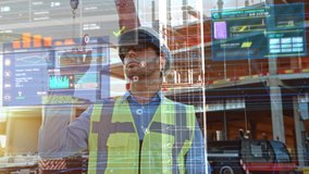 Futuristic Architectural Engineer Wearing Augmented Reality Headset, Uses Gestures to Create 3D Graphics VFX Model of a Building with Infographics. In Background Construction Site in Progress - Powered by Shutterstock - Get 15% off with code: PIKWIZARD15