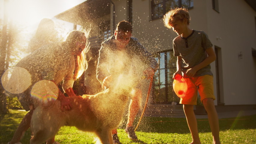 Father, Daughter, Son Play With Loyal Golden Retriever, Dog Tries to Catch Water from Garden Water Hose. Smiling Family Spending Fun Outdoors Time Together in Backyard. Golden Hour Sunset. Slow Motion Royalty-Free Stock Footage #1058475679