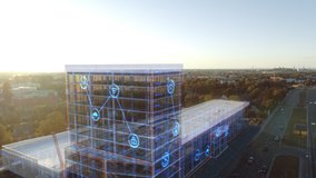 Aerial Drone Footage with VFX Concept: Building Construction Site Gets Finished with 3D Graphics Animation with Internet Icon Signs. Visualization, Digitalization, Design, Development of Smart City - Powered by Shutterstock - Get 15% off with code: PIKWIZARD15