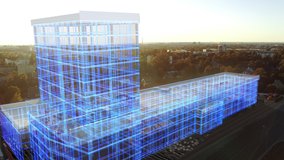 Aerial Drone Footage with VFX Concept: Building Construction Site Becomes Finished Project with 3D Graphics Animation Effects. Visualization, Digitalization of Design, Development of Futuristic City - Powered by Shutterstock - Get 15% off with code: PIKWIZARD15