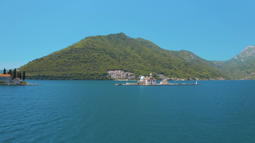 Perast, Bay of Kotor, Montenegro. Aerial view of the Our Lady of the Rocks