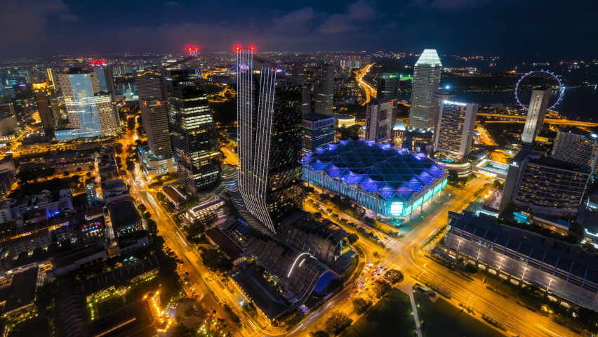 Illuminated cityscape and traffic / Singapore,Nare