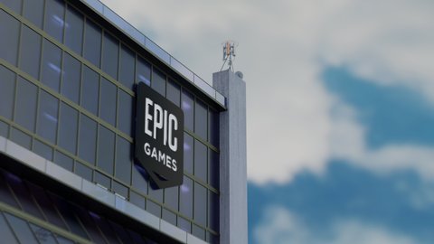 EPIC GAMES, USA - OCTOBER 2019: 3D CGI Animation Hyperlapse of Epic Games, an American video game and software development company known for Fortnite and Unreal Engine.