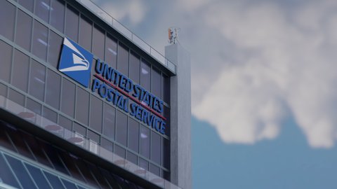 USPS, USA - AUGUST 2019: 3D CGI Animation of United States Postal Service Corporate Building. Agency of the executive branch of the USA federal government, providing national postal service.