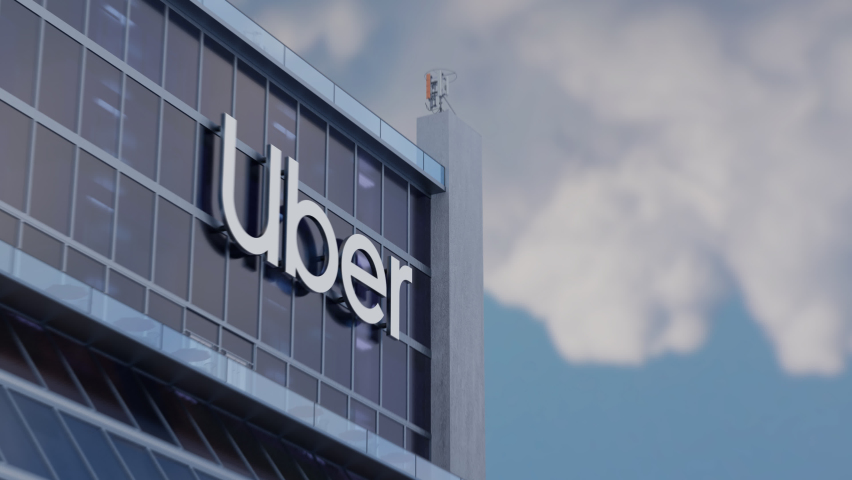 Uber, usa - september 2019: 3d cgi hyperlapse animation of uber corporate  building. a transportation network offering peer-to-peer ridesharing, ride  service hailing u0026 food delivery.