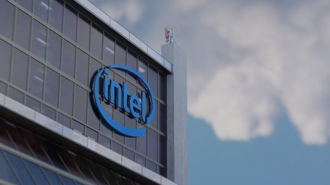 INTEL, SILICON VALLEY - SEPTEMBER 2019: Hyperlapse Animation of Corporate Building in 3D CGI. Intel is a semiconductor (Central Processing Units CPU) manufacturing company