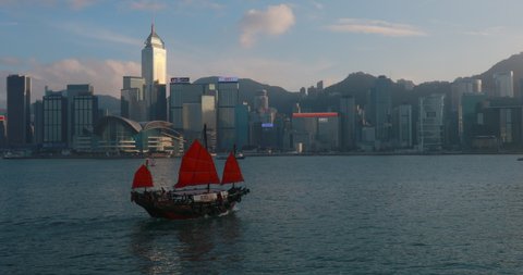 Hong Kong Central skyline and Chinese junk boat in Victoria Harbour / Hong Kong, China,Nare