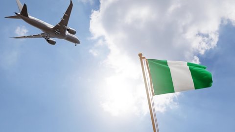 Flag of Nigeria Waving with Airplane arriving or departing, Realistic Animation