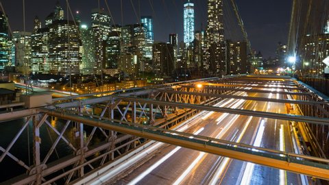 Traffic on Brooklyn Bridge and skyline / New York City, New York, United States,Nare