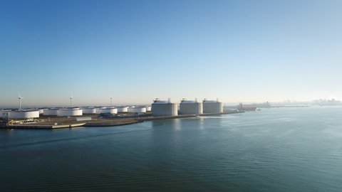Oil storage and LNG containers in Tweede Maasvlakte, part of Rotterdam harbour / Rotterdam, Zuid-Holland, Netherlands