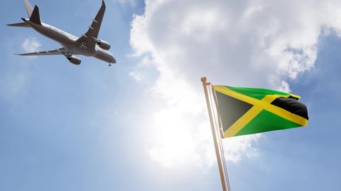 Flag of Jamaica Waving with Airplane arriving or departing, Realistic Animation