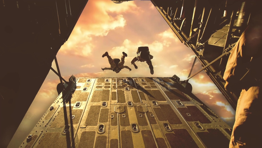 Paratroopers jumping out of military aircraft time lapse Cinemagraph . High quality FullHD footage