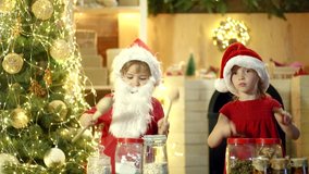 Excited children to drum with funny emotions. New year kids Christmas party. Christmas fun activities. Leisure and playing. Funny Christmas chilren. Crazy kids drummers. Surprise kids with drum