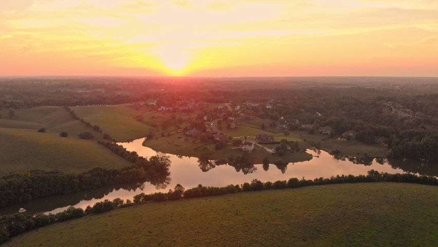 Aerial view of sunset over rural neighborhood in Central Kentucky