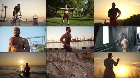 Multiscreen of active healthy people doing sports, leading active lifestyle. Split screen collage of diverse sport activities, men and women outdoors cycling, climbing, jogging, playing basketball