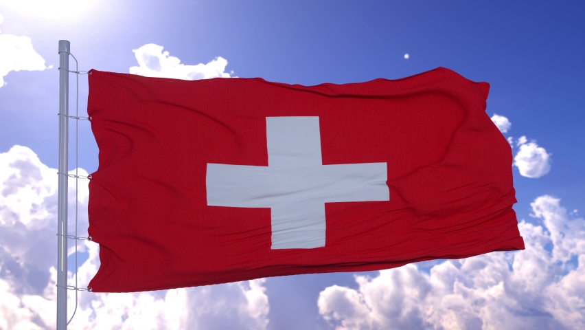 Flag of Switzerland Waving in the wind. Blue Sky and Sun Background