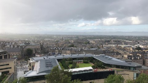 Edinburgh, Scotland / United Kingdom - September 4 2020: Clouds and rain are sweeping through the New Town of Edinburgh during a rainstorm