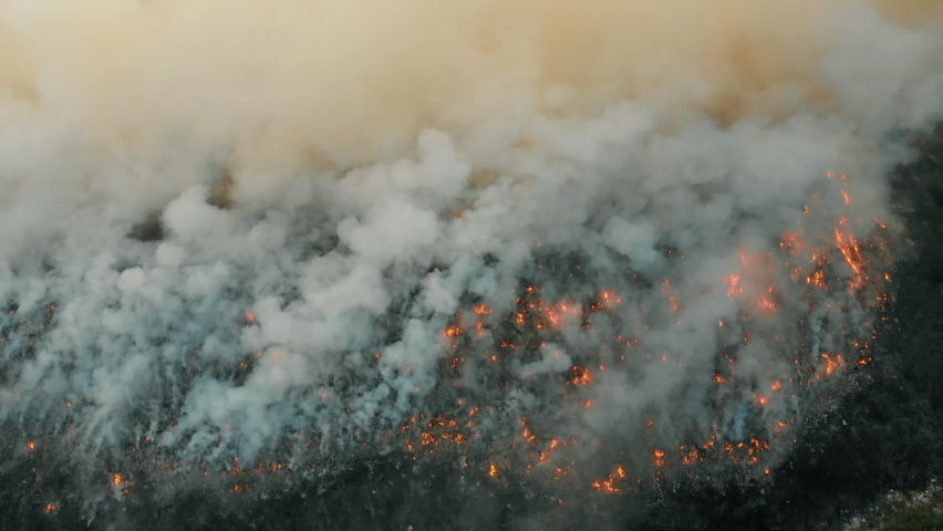 Top aerial view at fire at garbage dump, burning pollutes the environment. Ecological catastrophe and destruction of nature, large fire area | Shutterstock HD Video #1058497261
