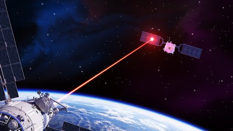 Laser Cannon Incapacitates Enemy Satellite. 3D Animation. 4K. 3840x2160.