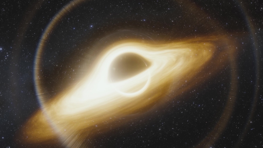 Animation of supermassive black hole. Accretion disk of matter on the event horizon of black hole. Space, light and time are distorted by strong gravity on the event horizon | Shutterstock HD Video #1058499166