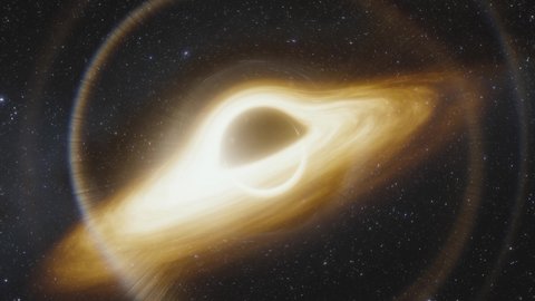 Animation of supermassive black hole. Accretion disk of matter on the event horizon of black hole. Space, light and time are distorted by strong gravity on the event horizon