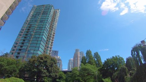Low angle view of tall skyscrapers and tree tops near city center of Vancouver BC Canada