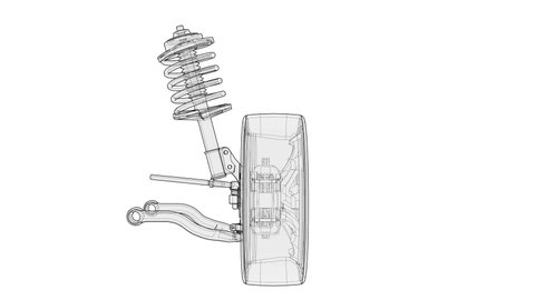Animation of car suspension with wheel tire and shock absorber. Wire-frame style. 3D illustration