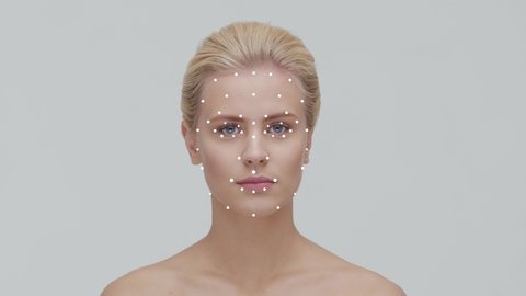 Portrait of beautifyl woman with a scanning grid. Face id, security, authentication technology concept.