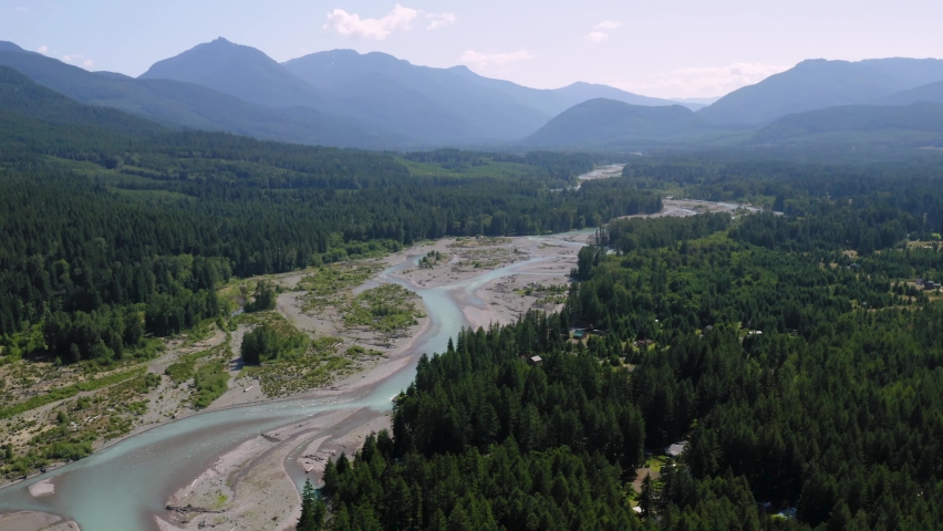 Scenic View Of The Famous Cowlitz River And Valley In Packwood, Washington At Daytime - aerial drone