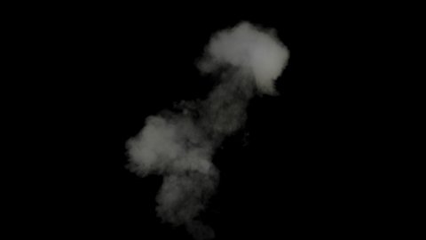White steam spins and rises from the pan. White smoke rises from a large pot, which is located behind the frame. Isolated seamless loop black background