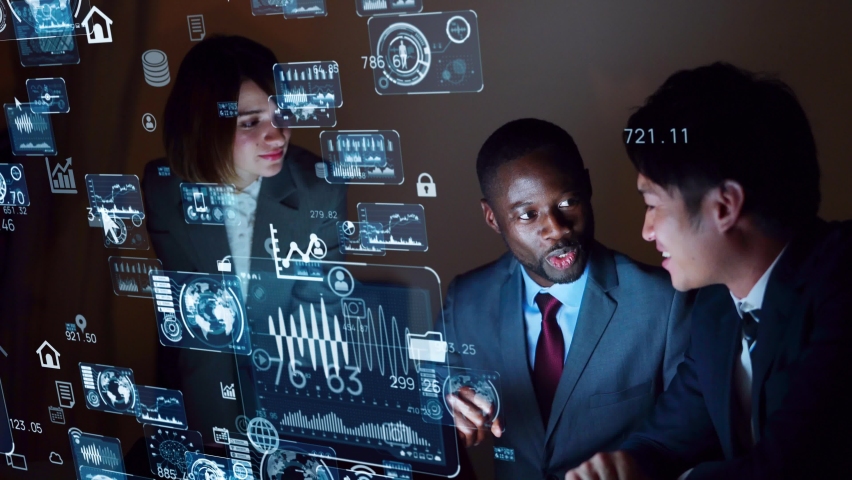 Multi ethnic people meeting in dark room. Business and technology concept. Smart office. GUI (Graphical User Interface). - Powered by Shutterstock - Get 15% off with code: PIKWIZARD15