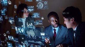 Multi ethnic people meeting in dark room. Business and technology concept. Smart office. GUI (Graphical User Interface). - Powered by Shutterstock - Get 15% off with code: PIKWIZARD15