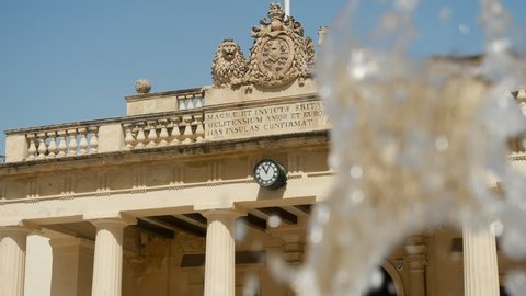Water Fountain Spurts Into Air In Front of Magnificent Grandmaster's Palace St Georges Square (Valletta, Malta), Slow Motion