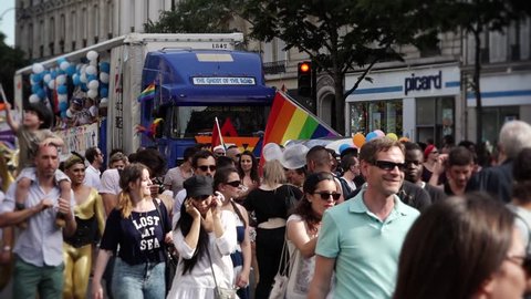 Gay Pride Protest Paris - 60fps. PARIS, FRANCE - 27 JUNE 2015; Gay pride or LGBT pride is the positive stance against discrimination and violence toward lesbian, gay, bisexual, and transgender.