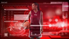 Digital composite video of Female basketball player holding a basketball against over interface and data processing against red background