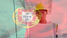 Animation of financial data processing with a Portugese flag waving over a construction site worker in the background. Global business finance network interface concept digital composite - Powered by Shutterstock - Get 15% off with code: PIKWIZARD15