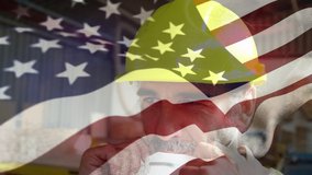 Animation of financial data processing with an US flag waving over construction site worker in the background. Global business finance network interface concept digital composite - Powered by Shutterstock - Get 15% off with code: PIKWIZARD15