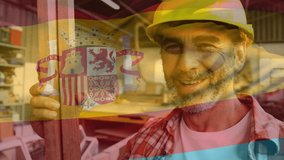 Animation of financial data processing with a Spoanish flag waving over construction site worker in the background. Global business finance network interface concept digital composite - Powered by Shutterstock - Get 15% off with code: PIKWIZARD15