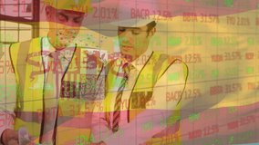 Animation of financial data processing with a Spanish flag waving over construction site wokrers discussing in the background. Global business finance network interface concept digital composite - Powered by Shutterstock - Get 15% off with code: PIKWIZARD15