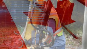 Animation of financial data processing with a Canadian flag waving over construction site worker in the background. Global business finance network interface concept digital composite - Powered by Shutterstock - Get 15% off with code: PIKWIZARD15