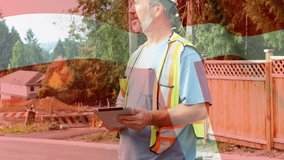 Animation of financial data processing with a Danish flag waving over construction site worker using tablet in the background. Global business finance network interface concept digital composite - Powered by Shutterstock - Get 15% off with code: PIKWIZARD15