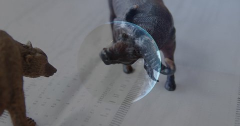 Animation of financial data processing over stock exchange bear and bull figurines and globe in the background. Education business economy interface concept digital composite.