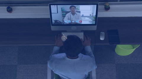 Animation of digital medical icons over mixed race male doctor on laptop screen during video call. Global medicine science online network interface concept digital composite.