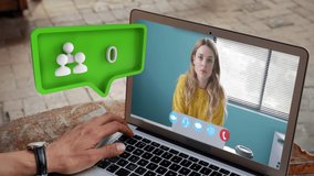 Animation of green speech bubble with people icon and numbers growing over woman on laptop screen during video call in the office. Global business online network interface concept digital composite. - Powered by Shutterstock - Get 15% off with code: PIKWIZARD15