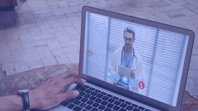 Animation of digital medical icons over Caucasian male doctor on laptop screen during video call. Global medicine science online network interface concept digital composite.