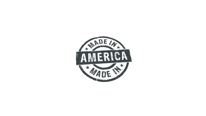 Made in America stamp and hand stamping impact isolated animation. Factory, manufacturing and production country 3D rendered concept. Alpha matte channel.